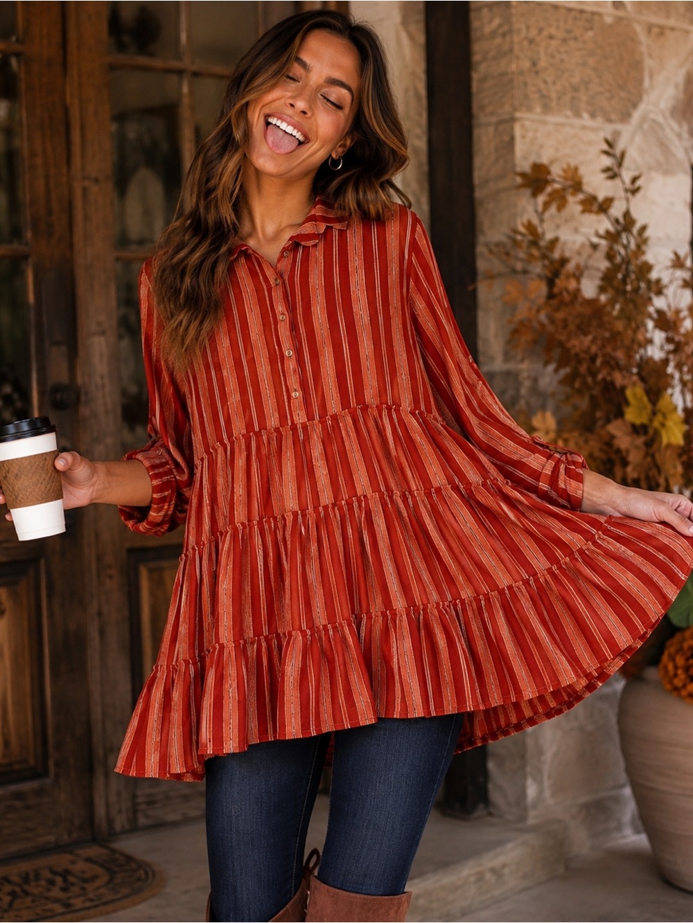 Blue Rain Rust Striped Tiered Babydoll Tunic Top Small Boho